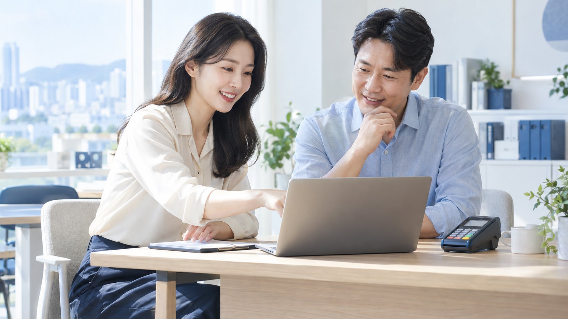 두 사람이 노트북 옆 단말기를 보며 이야기하는 장면(연출 사진)