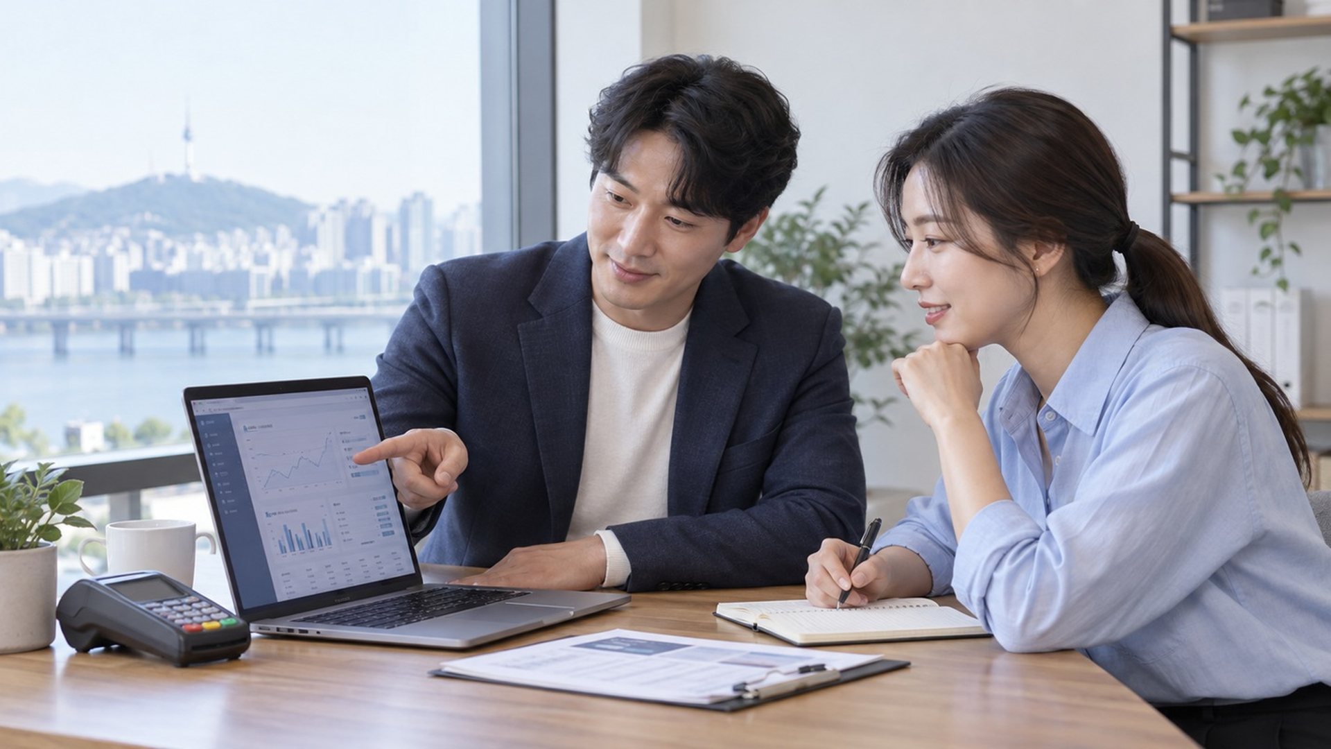 한강이 보이는 사무실에서 두 사람이 노트북을 보며 상담하는 장면(연출 사진)