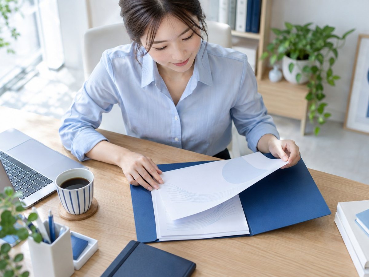 여성이 파란 서류 파일을 펼쳐 보는 장면(연출 사진)